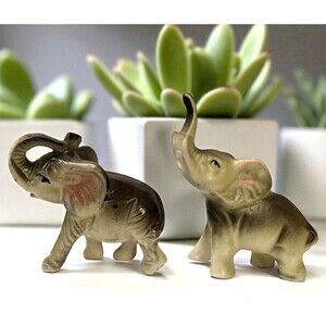 Set 2 Vintage Porcelain Gray Elephant Animal Figurines Trunk Up Made in Japan